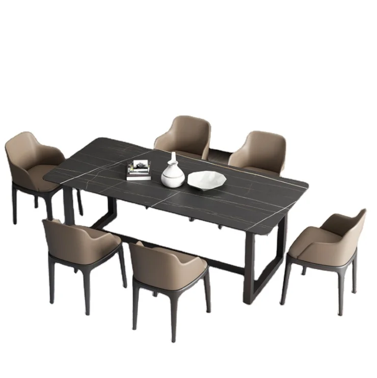 Italian rock plate dining table family multi-person dining table restaurant rectangular iron dining table and chair combination