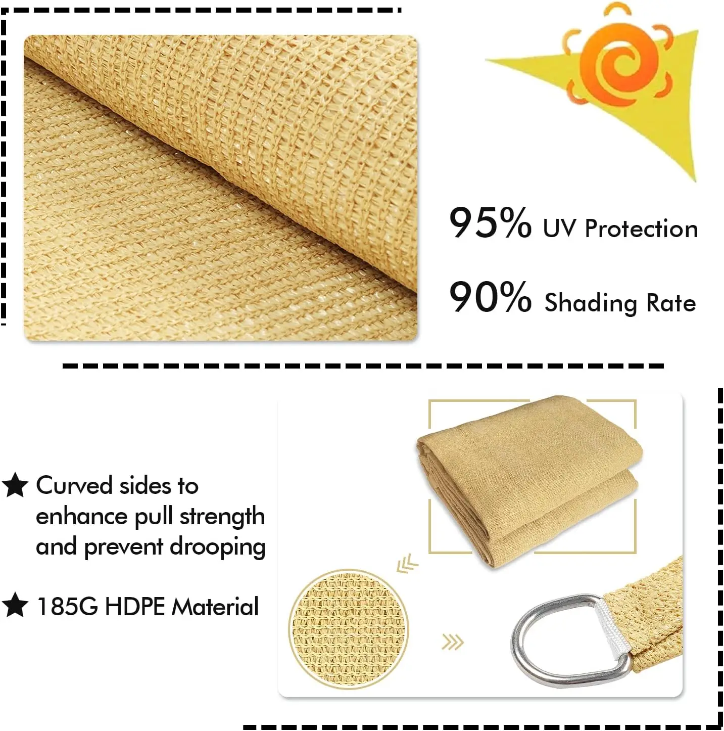 High Quality HDPE Triangle Rectangle Sun Shade Sail - UV Stabilized for Outdoor Use - Complete with Hardware