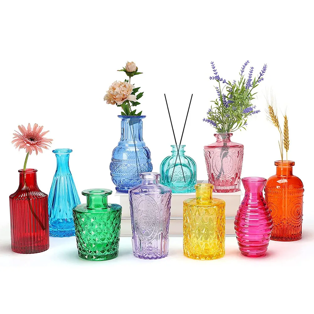 Colorful Glass Vases for Centerpieces/Glass Single Bud Vase/Creative Vintage Carved Mini Table Floral Vase