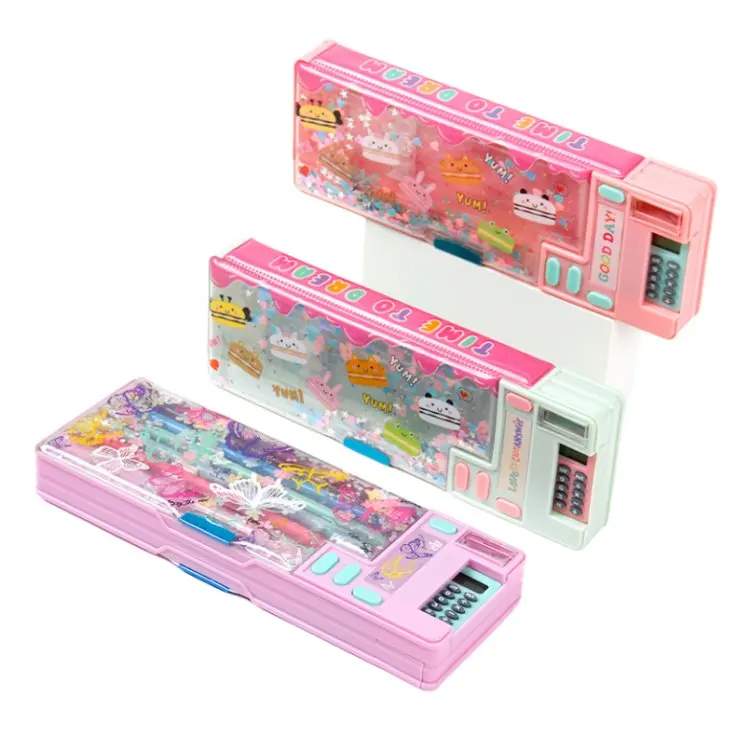 INTERWELL Sturdy PS/PVC School Pencil Case for Kids with Built-in Calculator and Pencil Sharpener Sparkling Glitter Design