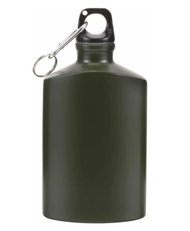 Army green flat aluminum camping water bottle portable with hook