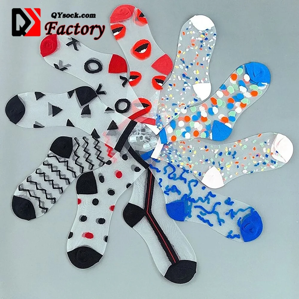 Korean Heart Love Tulle Glass Silk Socks Women Summer New Ladies Lace Transparent Ultra-thin Mesh Colorful Nylon Sheer Socks