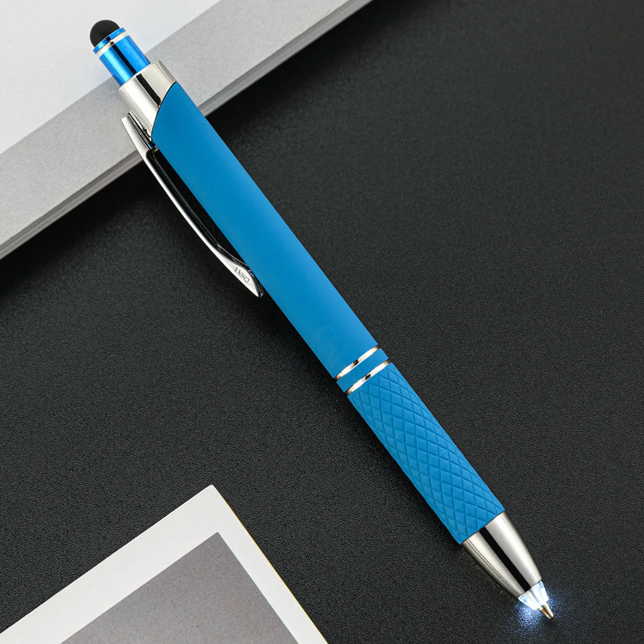 BECOL High End Stylus Ballpoint Pen Rubber Coated Custom Logo Metal Ball Pen With Light Led Tip for Write In Dark Pen