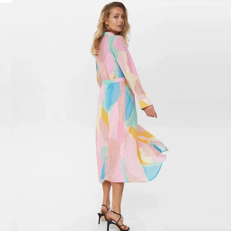 Cheap custom printed new leopardd printed fashion button up a-line long sleeve chiffon shirt elegant summer casual dresses