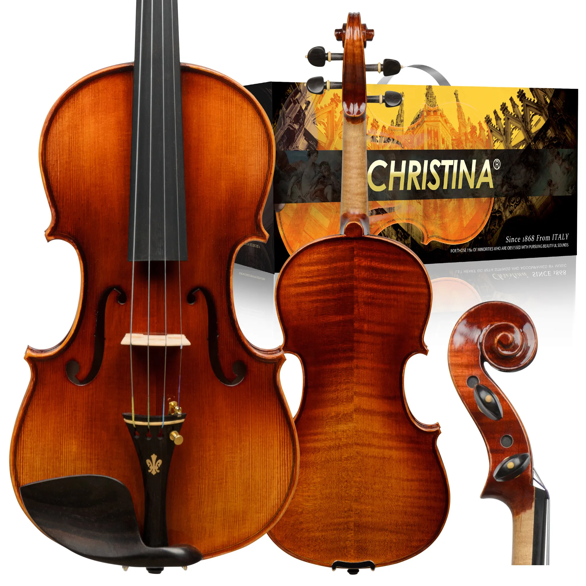 CHRISTINA V06C Professional Solid Wood Violin Set with Free Case and String Bow Spruce Face Maple Back/Side