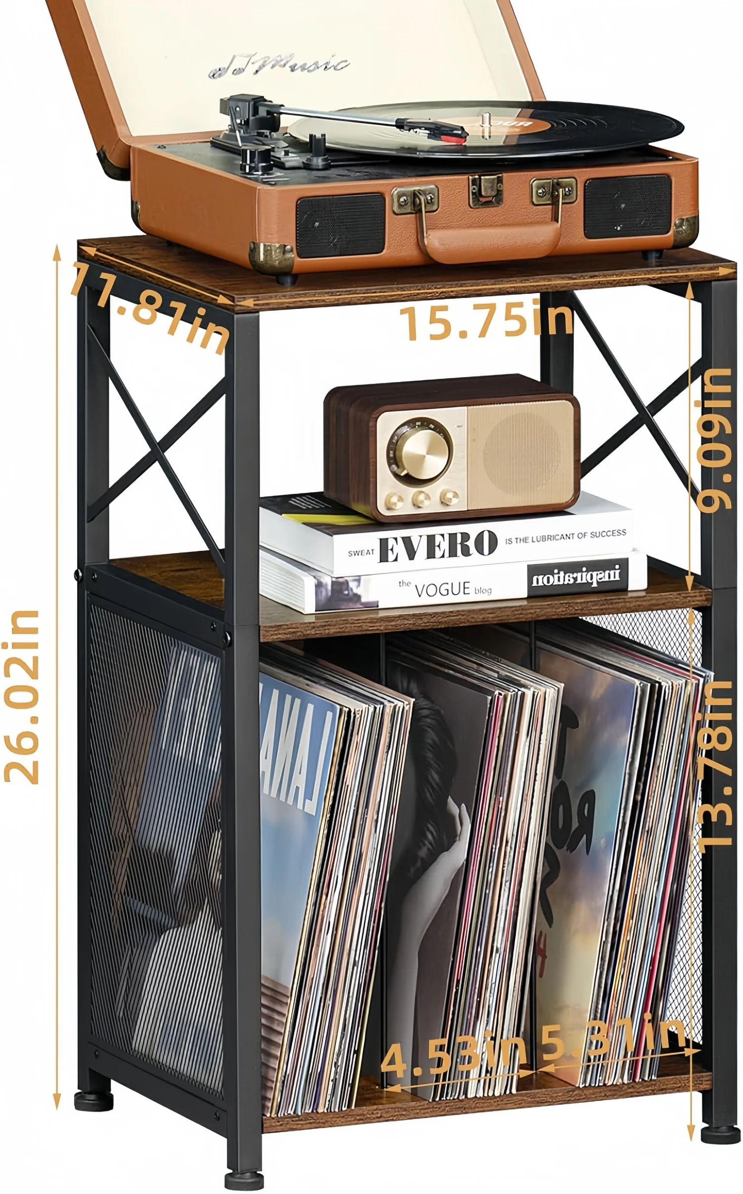 3-Tier Brown Vinyl Records Storage Holder Turntable Stand Display Shelf Bedroom Living Room Office CD Rack 100 Albums End Table