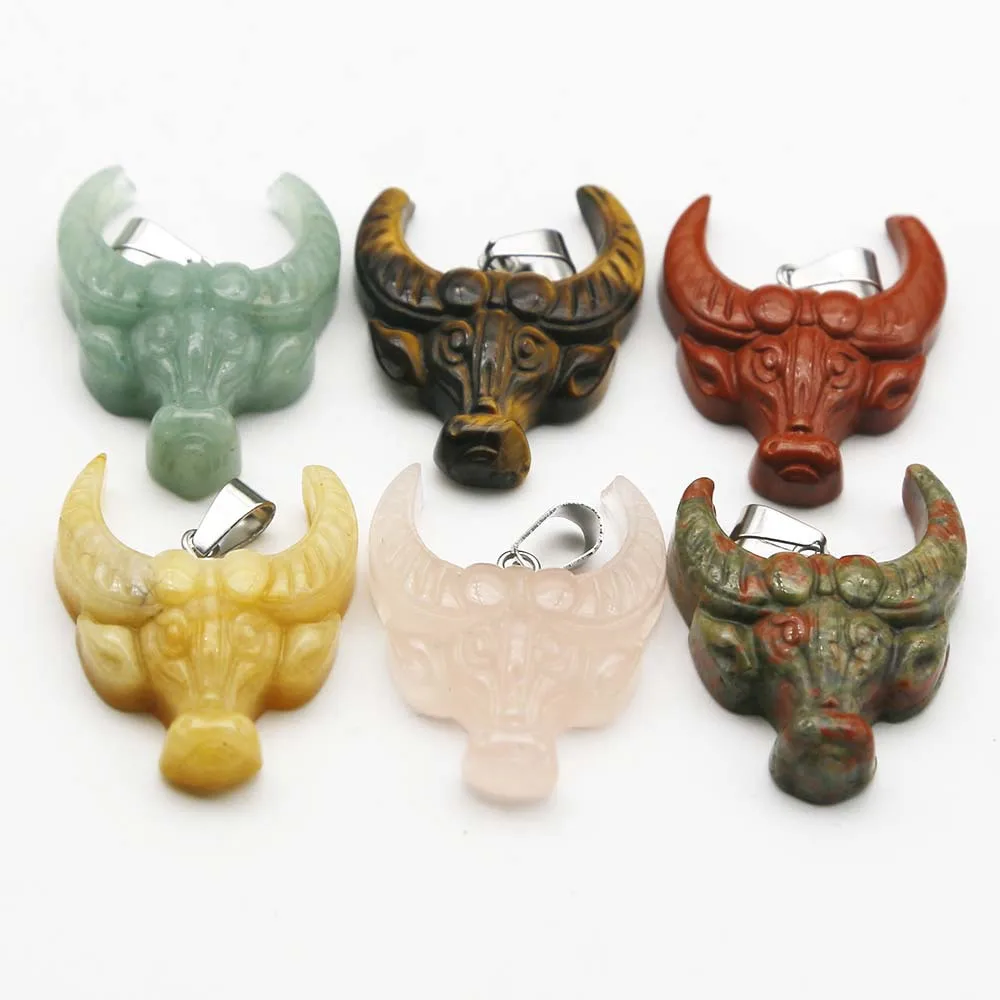Natural stone crystal agate green yellow jade tiger eye semi-precious stone ox head animal carving pendant necklace jewelry
