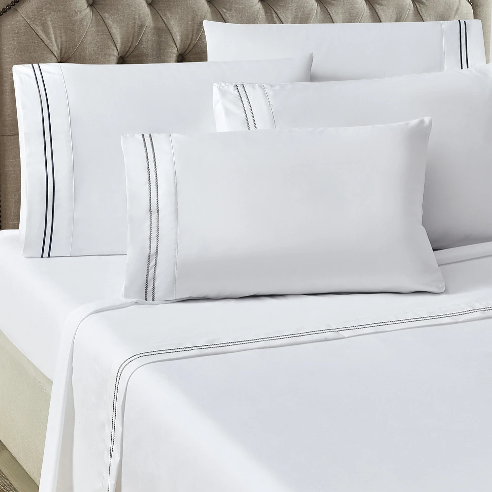 Hot sale custom classic embroidery design white hotel bedsheet set for bedroom