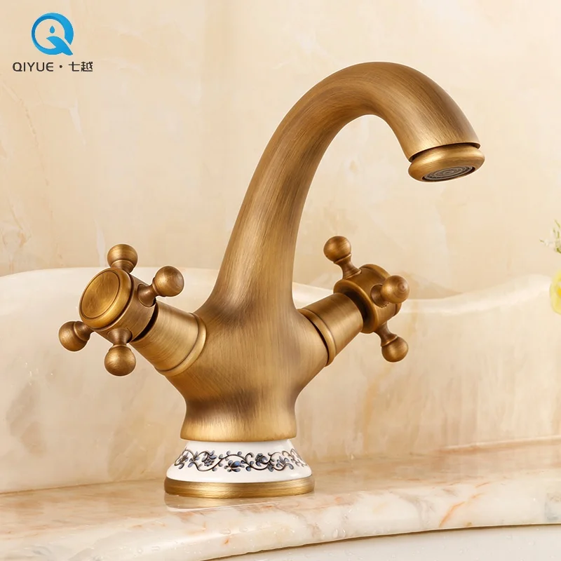 Competitive prices antique brass hot and cold water double handles bathroom wash basin tap mixer faucet