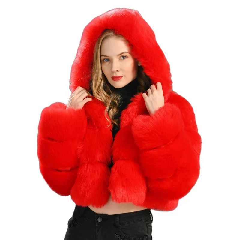 Cheap Wholesale Lady Artificial Fur Jacket Coat Outwear High Street Hooded Cheap Fake Fox Fur Coat Winter Women Faux Fur Coat