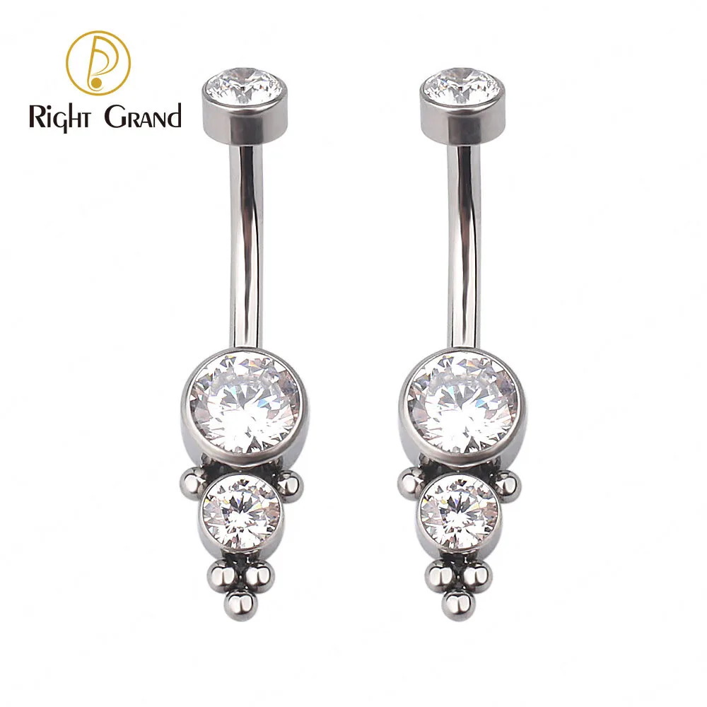 Right Grand Implant Grade Titanium 14G Clear CZ Internally Threaded Press Fit Clear Curved Belly Button RingS