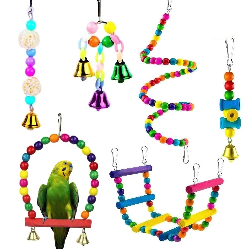 Parrot combination toy wooden bird standing climbing and biting set toy set 6 pieces handmade natural and healthy