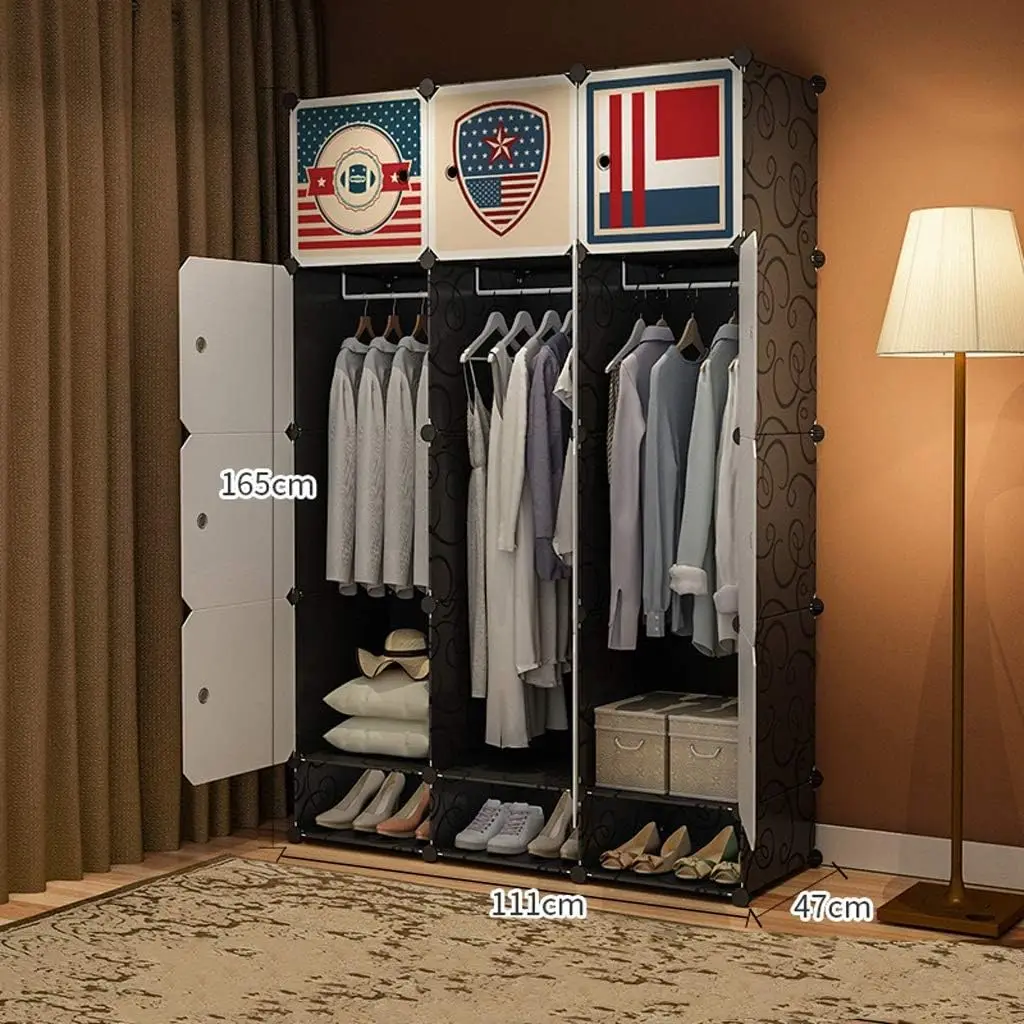 Cheap 12 Cubes Black Plastic Cabinet Fitted Wardrobes Armoir Bedroom Wardrobe Closet With Shoe Rack