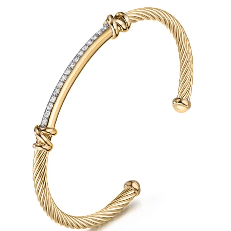 Custom 18k Gold Plated Inlaid Stone Bangles Colorful Women Luxury Cuff Bangle Cable Zircon Open Bangle
