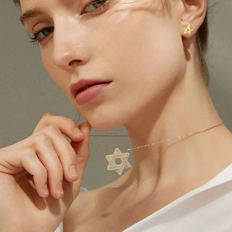 Custom Baguette Hexagram Star David Pendant  Religious 18K Gold Plated Geometric Hexagon Empty Star Pendant 925 Sterling Silver