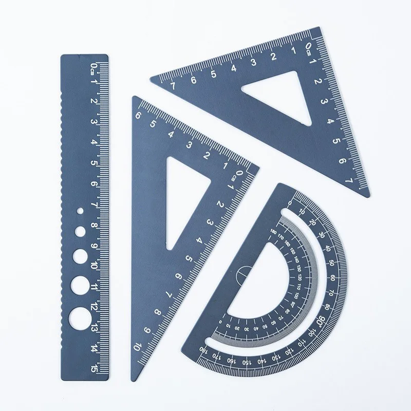 Measuring Ruler Set 4 Pieces Triangular Scale Ruler Set, Metal Protractor, Aluminum Ruler for Students in PP Box Geometry Set