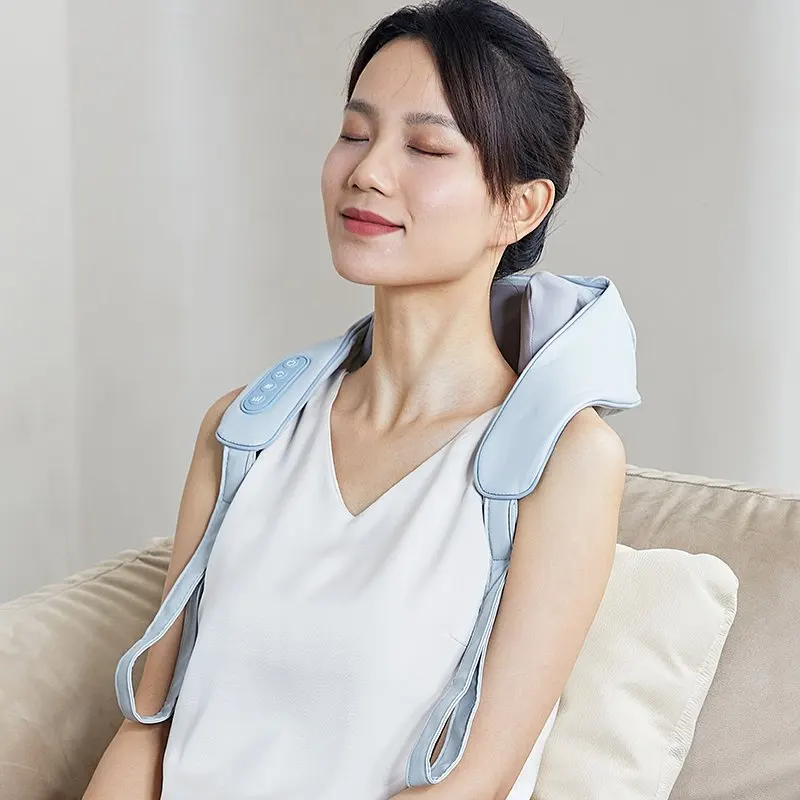 Rechargeable wireless  tapping and kneading shiatsu massage pillow hands free neck and shoulder massager machine with heating