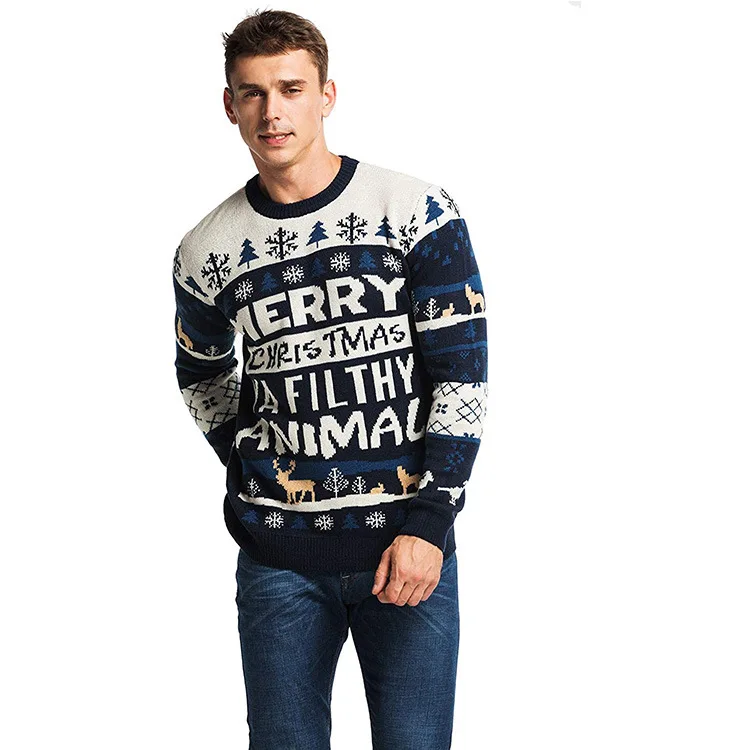 Custom Men and Women Christmas Loose Casual Long Sleeve Round Neck Pullover Animal Pattern Letter Jacquard Knit Sweater