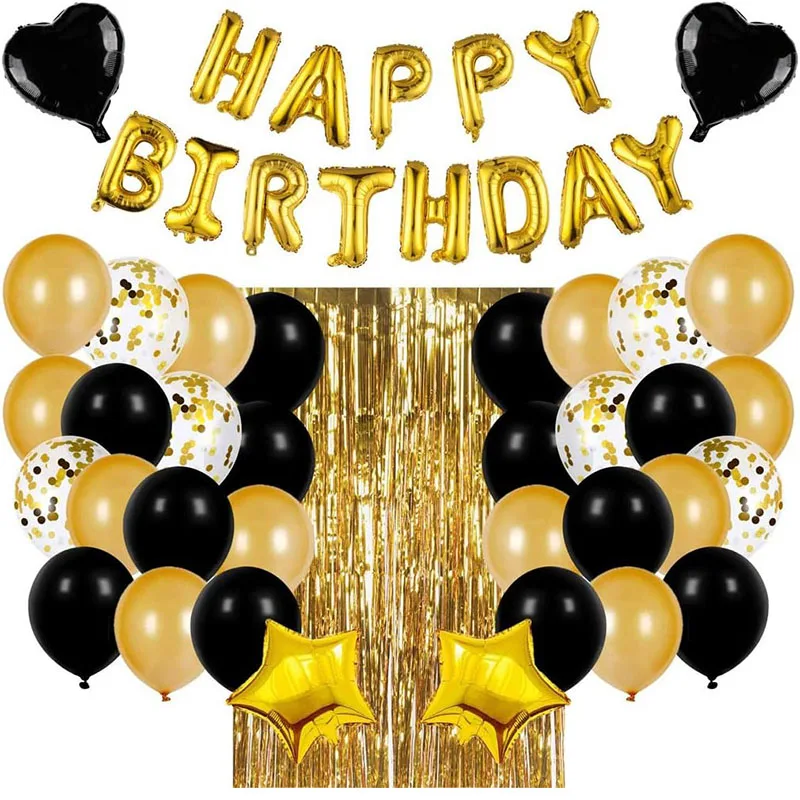 Wholesale black and gold globo Birthday banner Aluminum foil balloons Fringe curtains Boys Girls Adult party decoration balloons