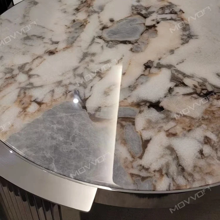 New collection stainless steel high gloss finishing round luxury natural marble stone top coffee table set for modern furniture