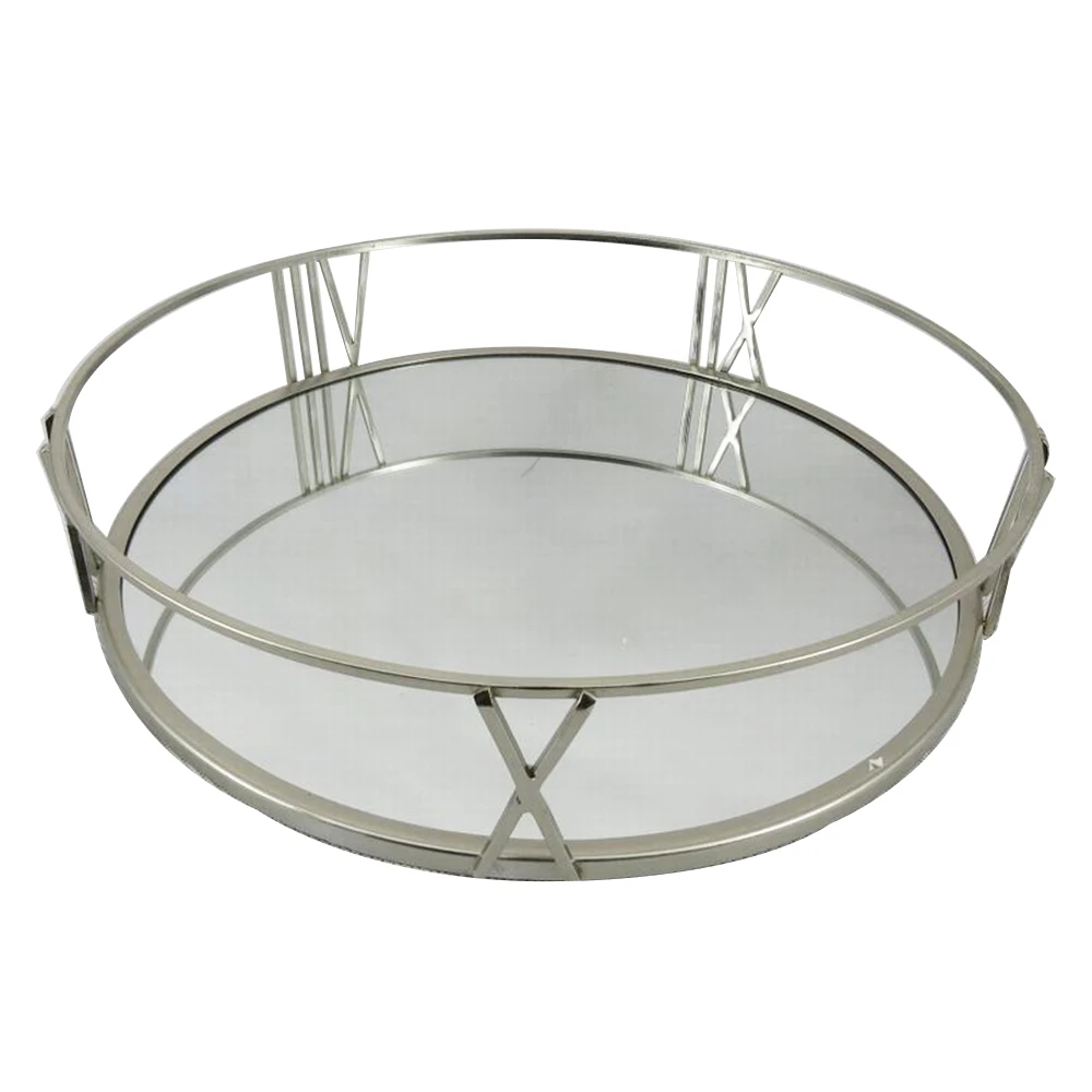 Mayco Large Silver Decorative Modern Luxury Round Storage Serving Vanity Jewelry Metal Glass Mirrored Tray Home Decor Display