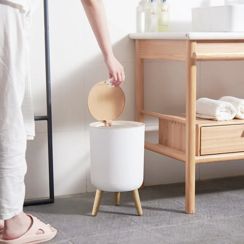 7L Japanese Style Trash Can with Lid Wood Grain Kitchen Simple Office Sanitary Bucket Press Type Toilet Trash Can