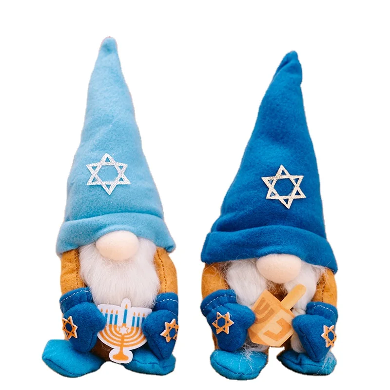 Hanukkah Decoration Ocean Blue Couple Dwarf Faceless Doll Holding Candlestick Chanukah Jewish Ornament Handmade Home Decoration
