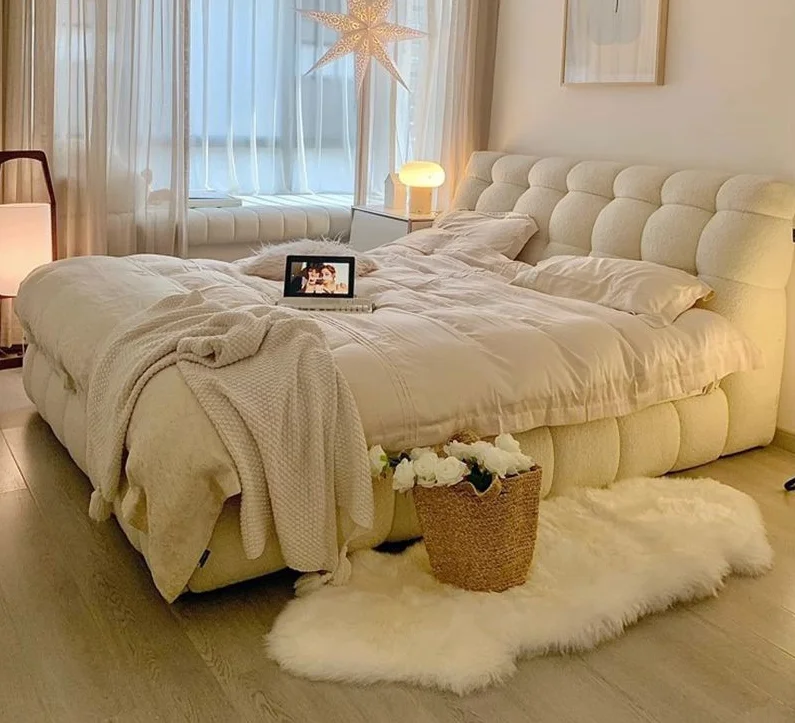 French marshmallow fabric bed modern simple white master bedroom king size light luxury lambs velvet solid wood double bed