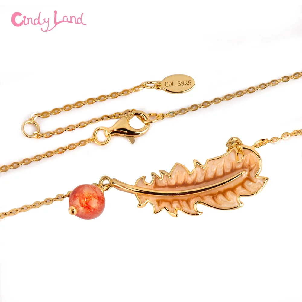 CL Necklace Sets For Women Jewelry 18k Gold Plated Strawberry Quartz Feather Necklace