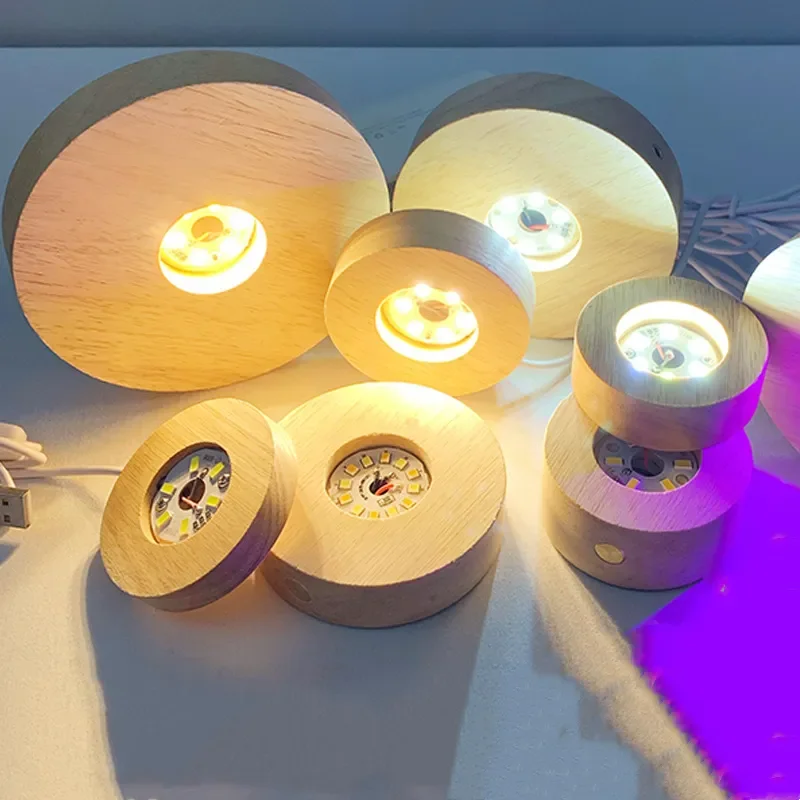 Cheap Warm White Wooden Round Shape Led Lamp Base for Led Light Holder Crystal Display Base Stand
