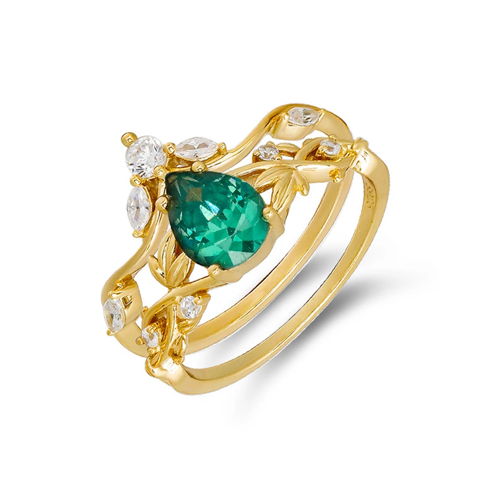 925 Sterling Silver 14K Gold Plated Gemstone Drop Alexandrite Moss Agate Ring Set