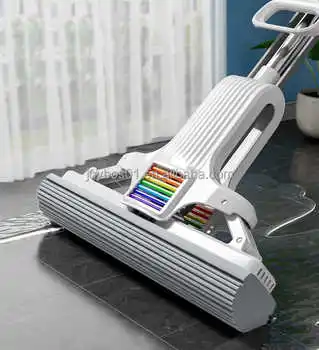 Self-Wringing Sponge Mops for Floor Cleaning Squeeze with 2 PVA Sponge Heads Self Wringing Floor Mop Hand-free Sponge Mop