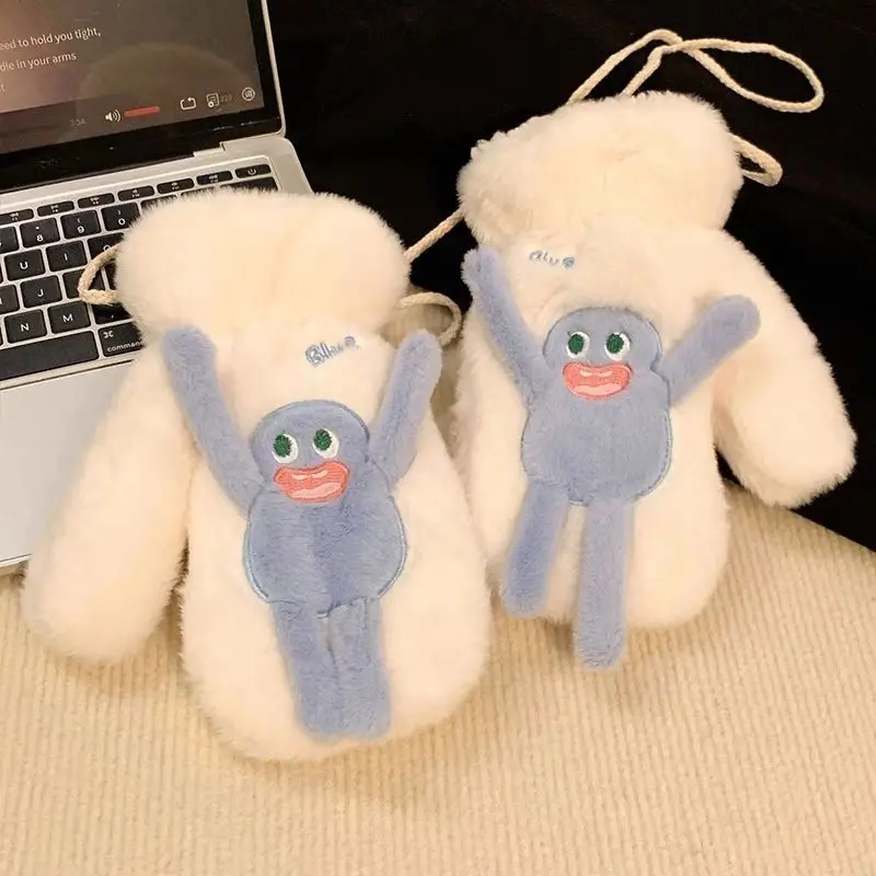 Yellow Duck Riding Gloves Women Winter Cute Funny Plush Warm Halter With Fingers Fleece-lined Student Cold-proof Gloves