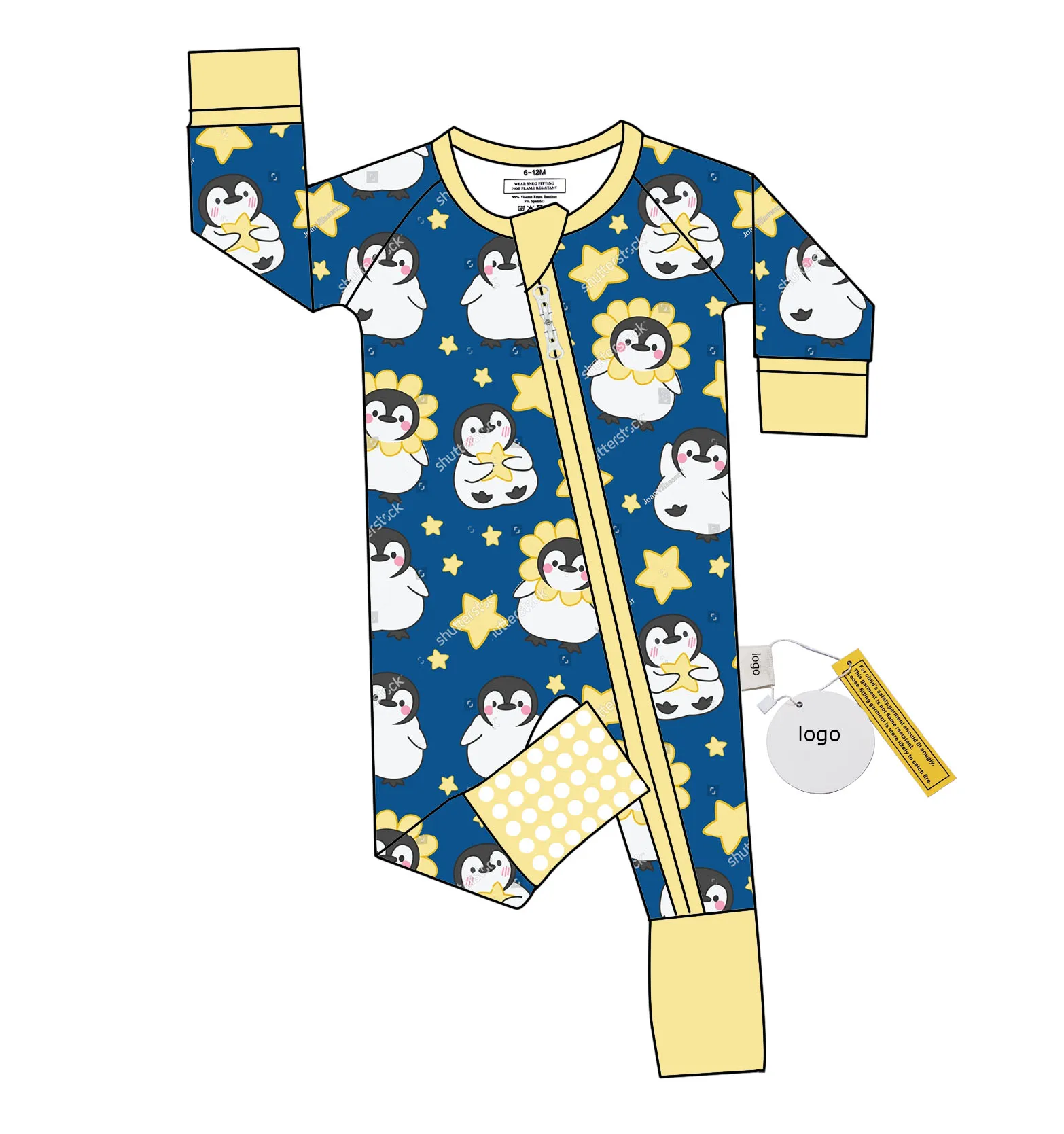 Уникальный дизайн, Детские Товары для новорожденных, милый рисунок пингвина, Бамбуковая печать на заказ, двойная молния, детская одежда для детей