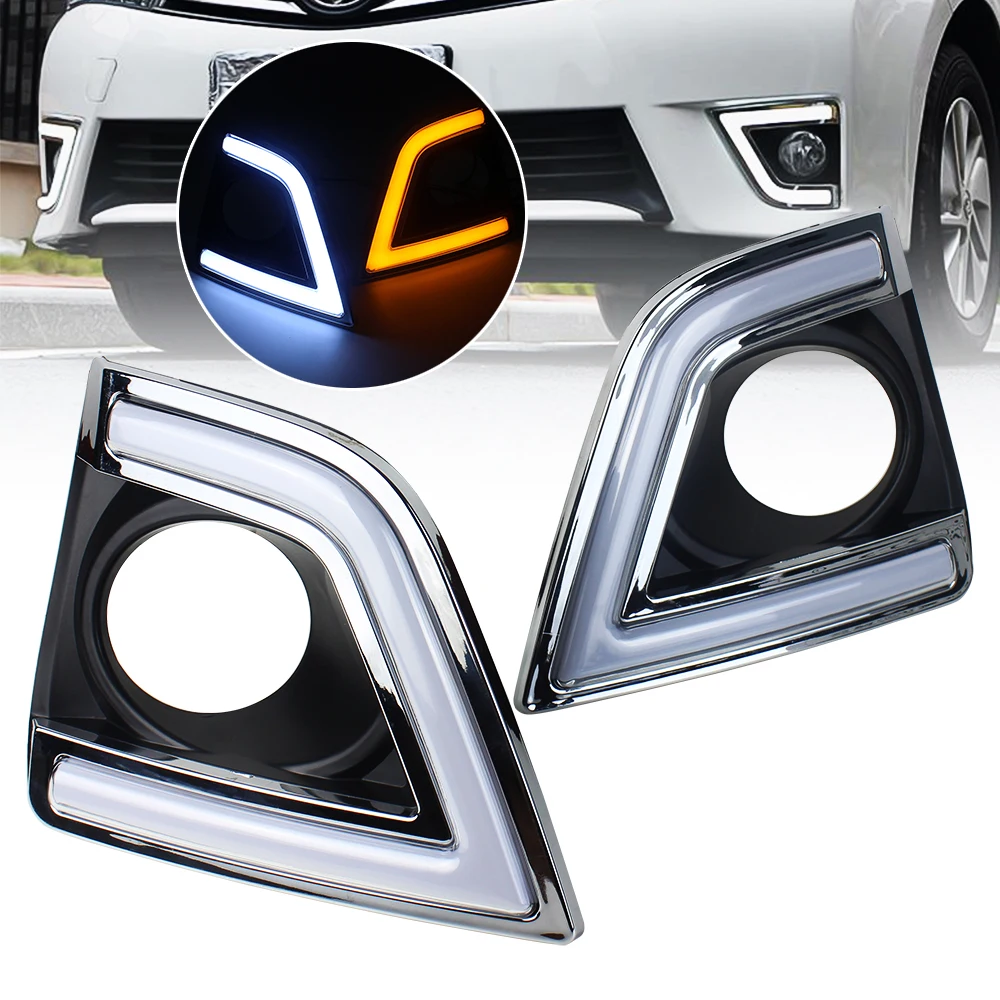 Car Accessories Led Daytime Running Lights For Toyota Corolla 2014-16 Fog Lamp 12V DRL With Yellow Turn Signal Light
