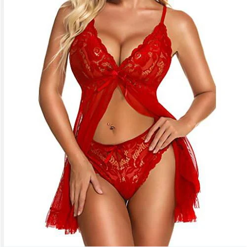 Foshan Manufacture Custom Fat Woman Sexy See Through Lingerie Nighty Dress Set Red XXL