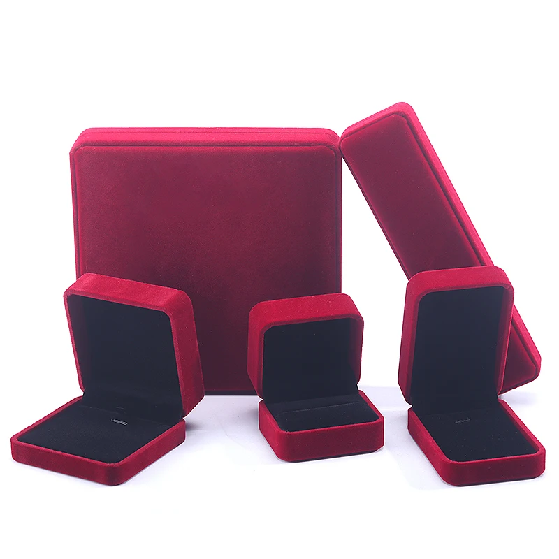 Hanhong custom wholesale necklace stud earrings bracelet jewelry packaging box dark red velvet ring jewelry box