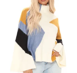 Classic Take Oversized Sweater Long Sleeve Stretch  Mock Neck Colorblock Sweater