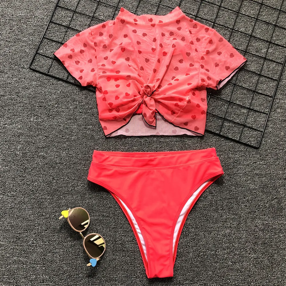 Pink Short Sleeve Backless Swimsuits Bathing Suits 3 Pieces Swimwear Women High Waist Neck Bikini Set