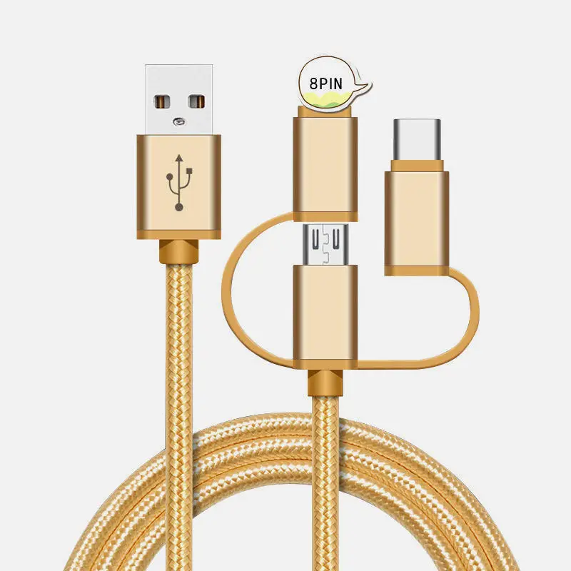Best Seller Low Price 3 in 1 2.4A Micro USB Type C 8 Pin Fast Charging Data Cable For IOS Android Type C devices