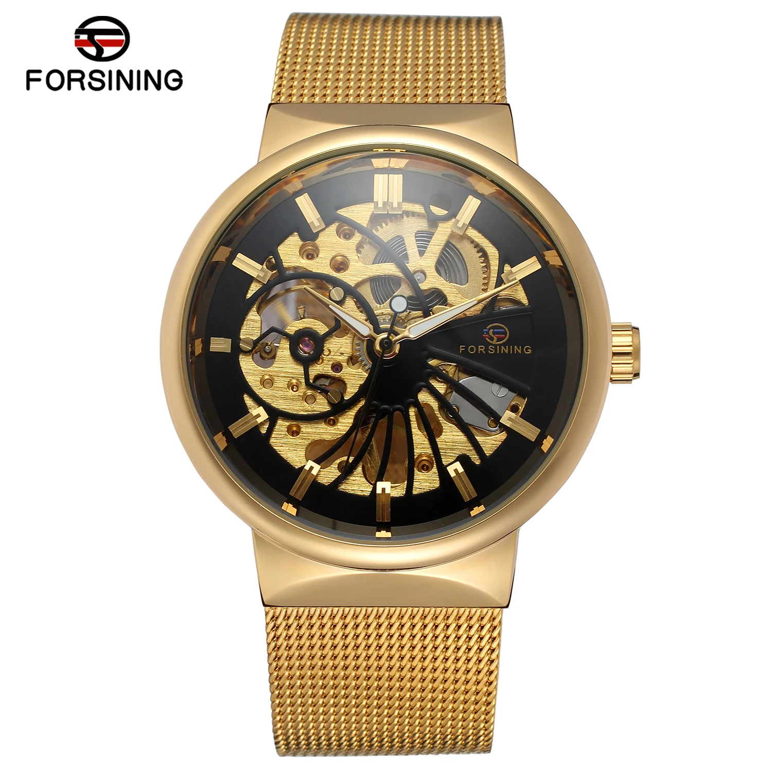 2024 Forsining Fashion Men Gold Color  mechanical Skeleton Watch With Mesh Band for man