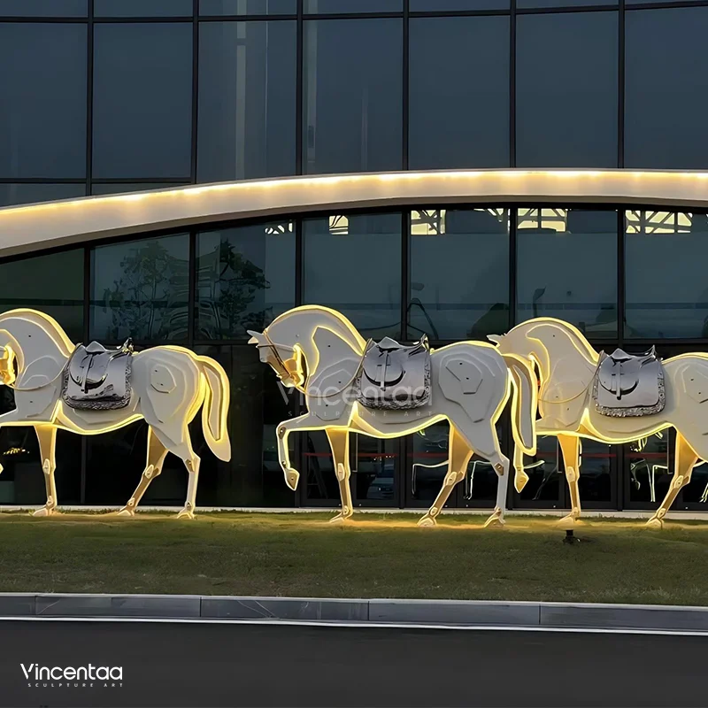 Vincentaa Stainless Steel White Horse Sculpture Custom Outdoor Art Sculpture Supplier Lighting Sculpture