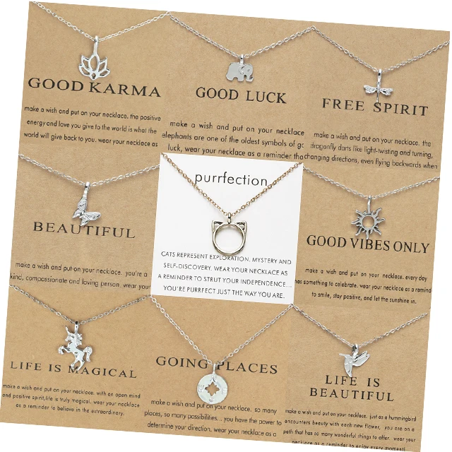 Fashion Make A Wish Card Silver Plated Charm Elephant Hummingbird Wing Heart Butterfly Pendant Necklace Jewelry For Women