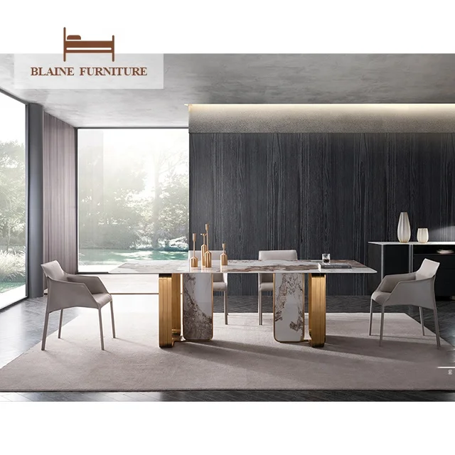 High Quality Price Brass Leg Marble Top Dining Table Set 6 Seater Chair Modern Luxury Marble Metal Dining Tables