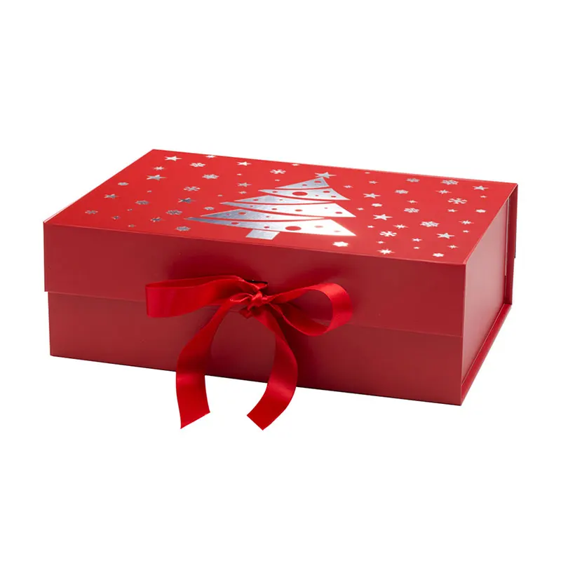Custom changeable ribbon style red luxury rigid Christmas eve gift boxes for sale