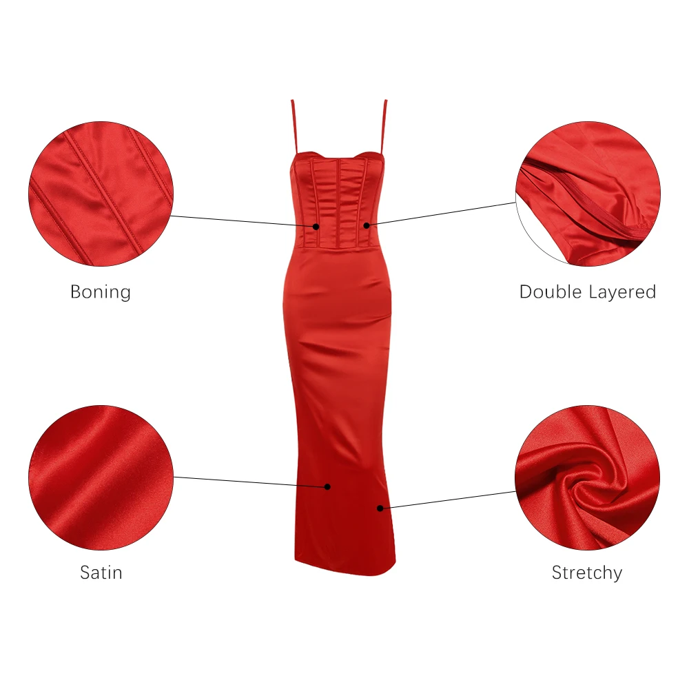 Элегантные атласные платья на бретелях-спагетти для ночного клуба сексуальные с разрезом подкладкой скрытые молнии красные Макси Корсеты вечерние платья