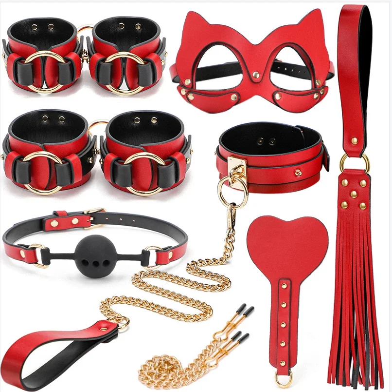 BDSM Kits Genuine Leather Bondage Set Fetish Handcuffs Collar Gag Whip Gift  Erotic Adult 18 Sex Toys for Women Couples Games