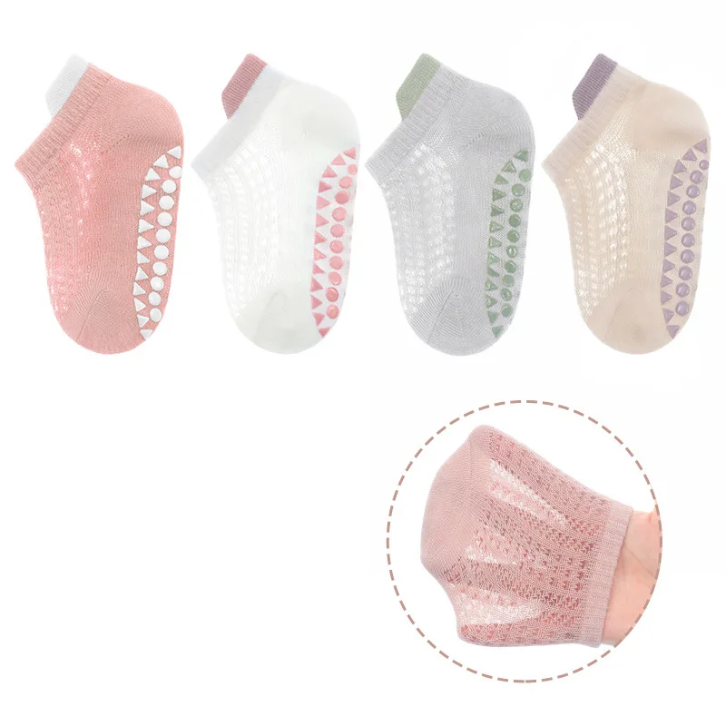 Cotton anti slip baby trampoline socks baby and toddler floor socks 4-pair set of glue mesh boat socks
