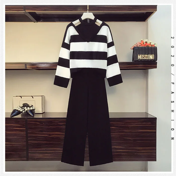 TZ071  New 2023 Autumn Two Pieces Set Halter Neck Striped Knitted Tops Sweater + Wide Leg Pants Set Clothing Wholesale 10