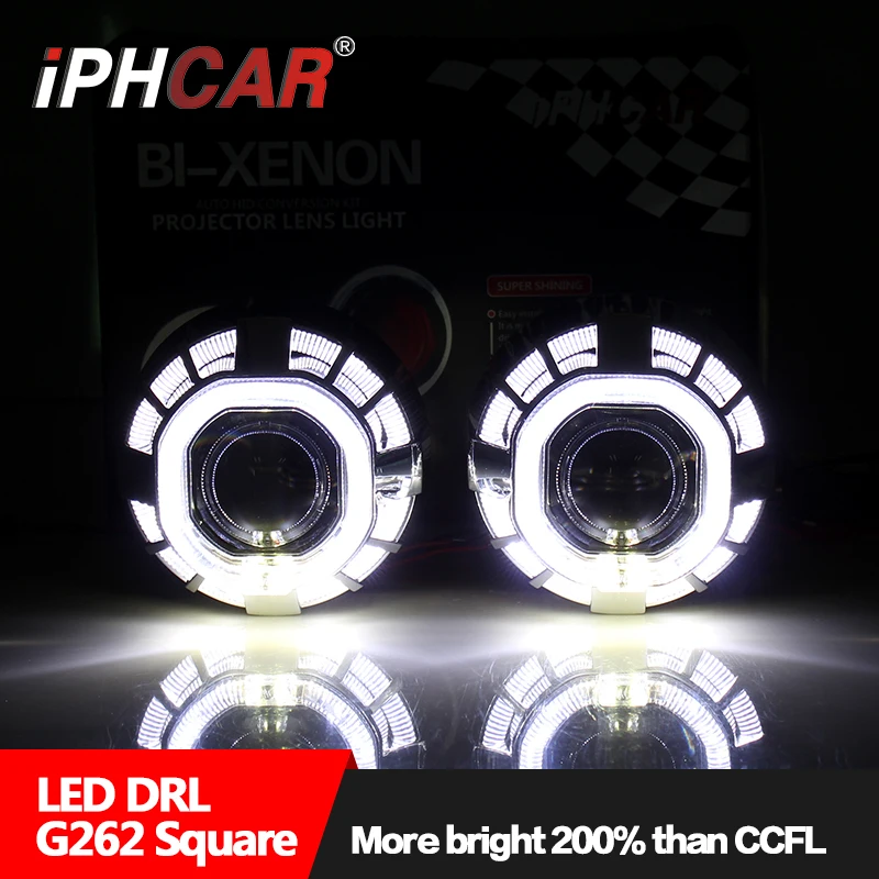 IPHCAR square hid projector lens dual led angel eyes hid projector lens kit Xenon Lights H7